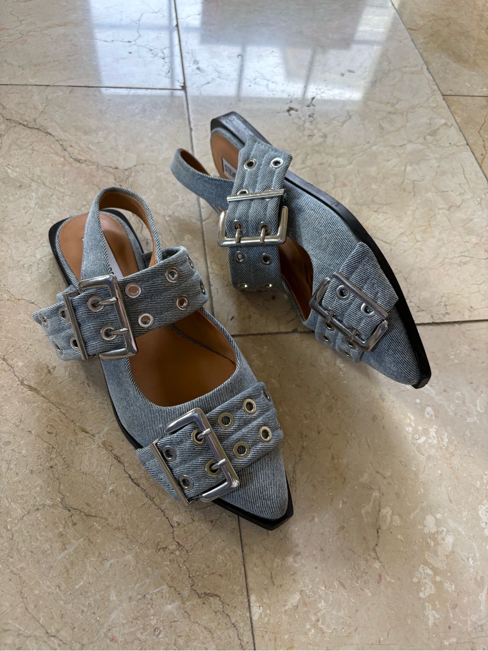 LIKE NEW Women’s Denim Slingback Flats with Buckle Detail